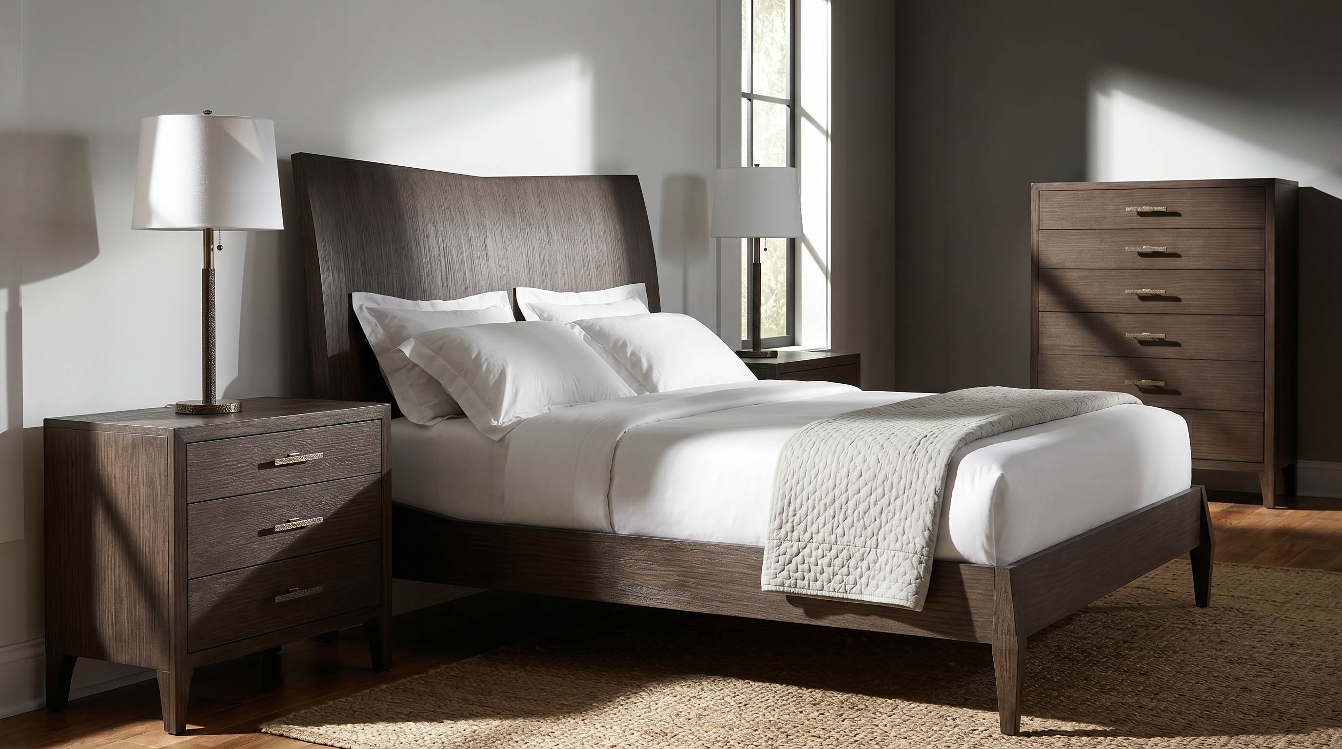 A bedroom composed in smoked oak with tailored linens