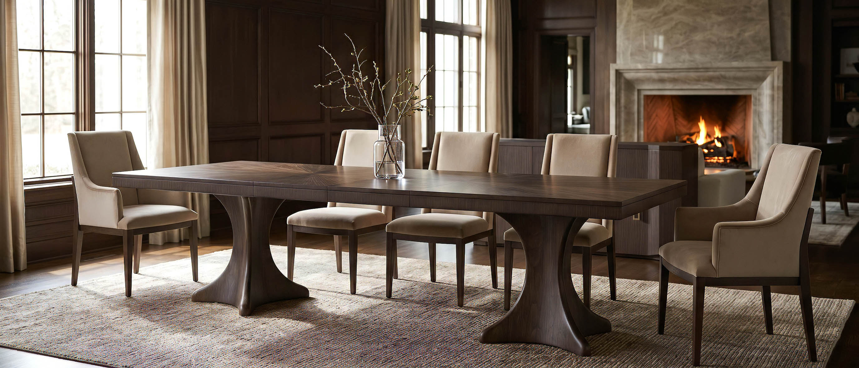 A richly panelled dining room anchored by a solid-timber table