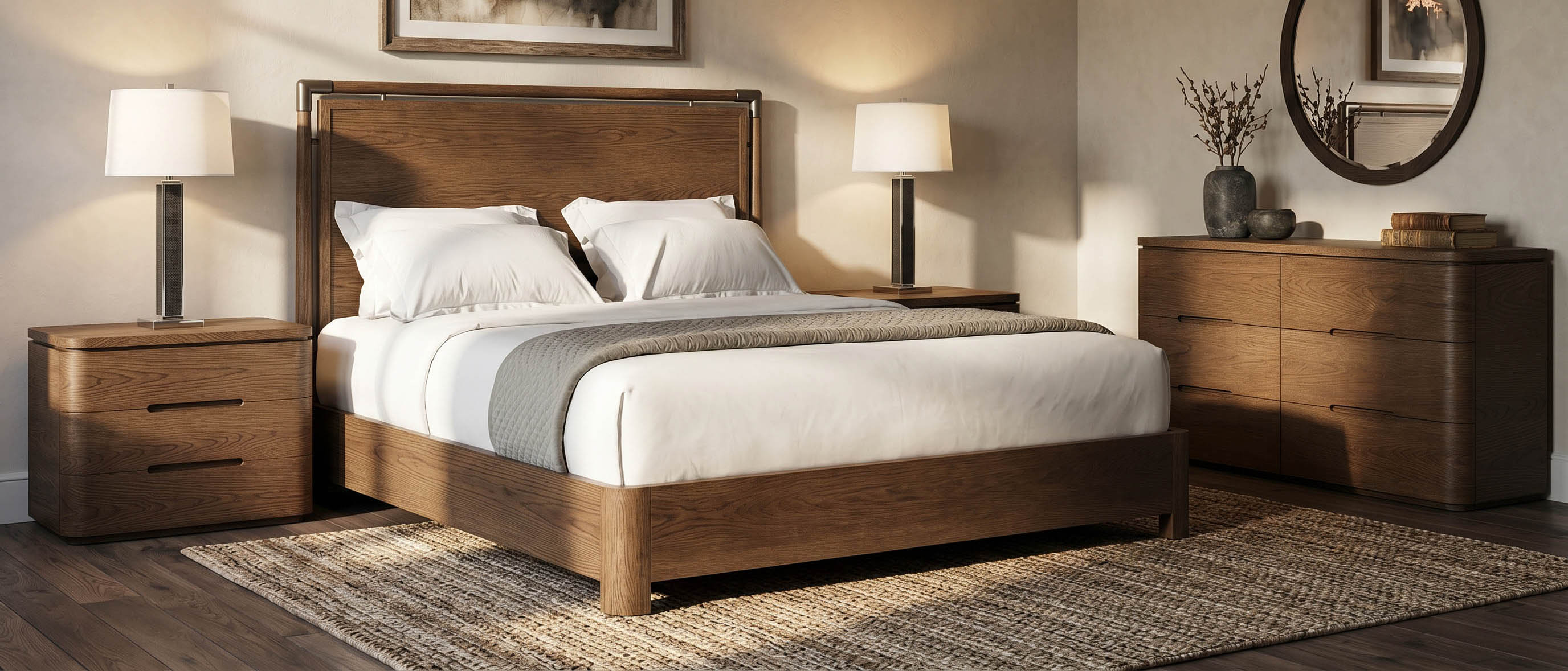 A warm oak bedroom styled with quiet restraint