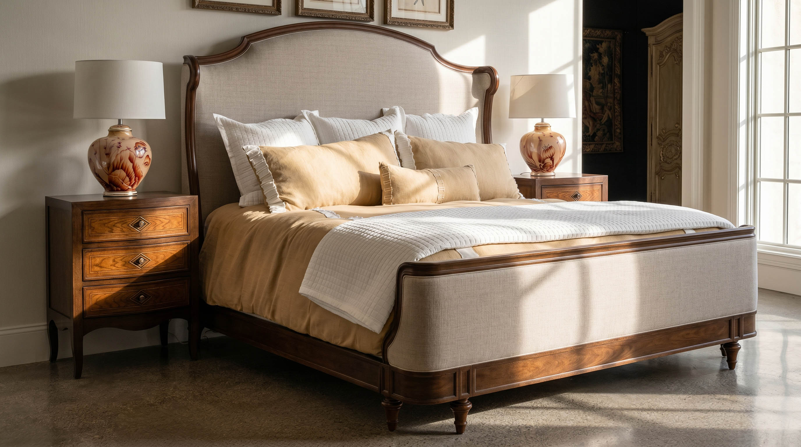 A serene bedroom with a cream upholstered bed and warm lamplight