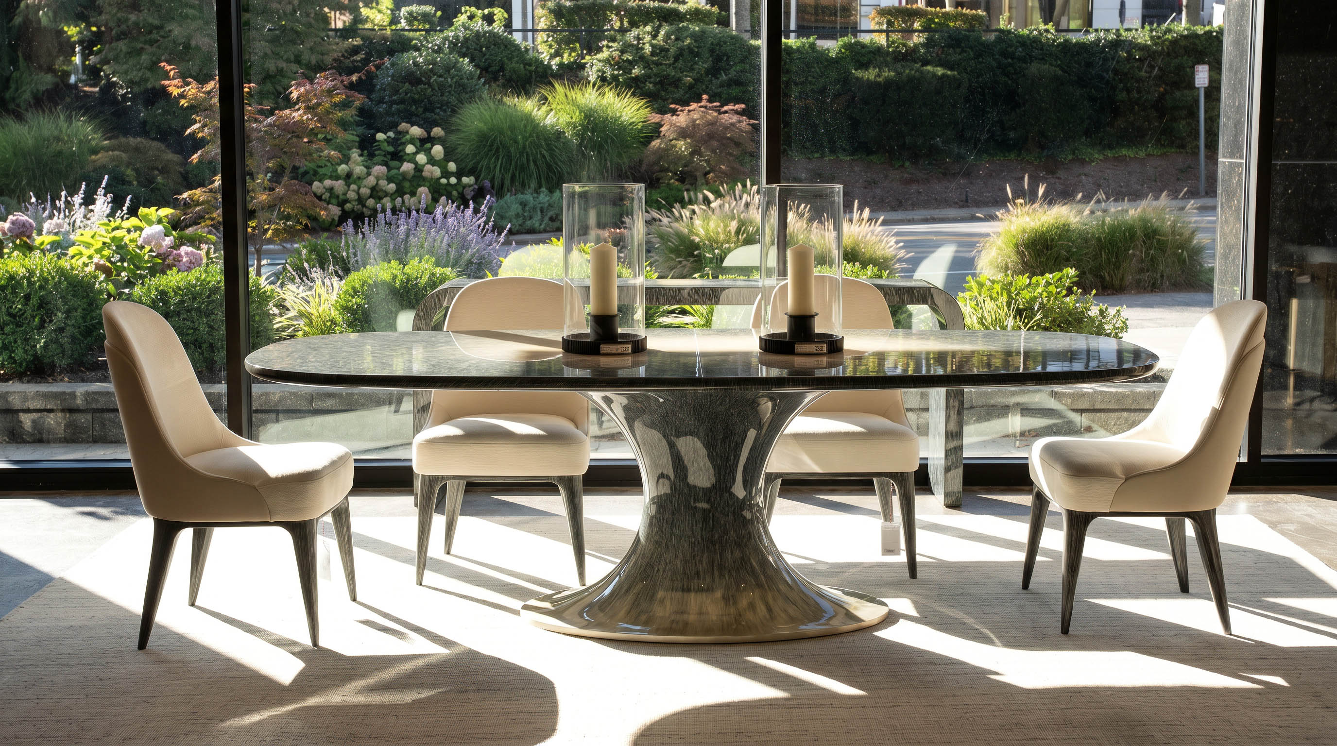 A round dining table set with candles, framed by garden views